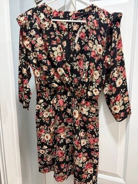 Nordstrom Black Floral Wrap Dress with Pink & Cream Roses
